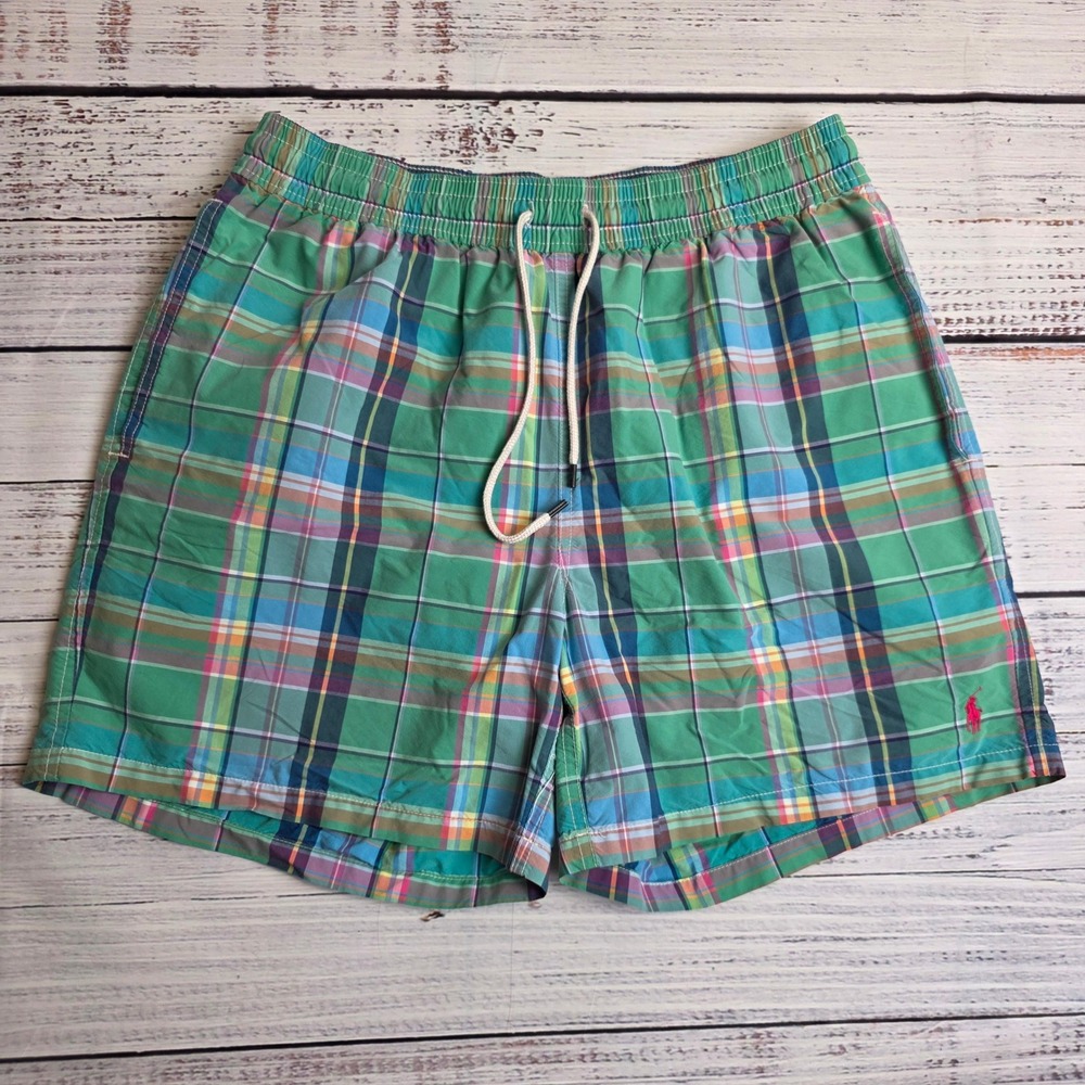 Polo Ralph Lauren Mens Plaid Swim Trunks Green Blue Madras Board Shorts Large